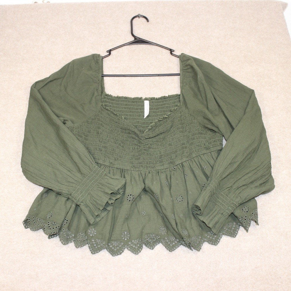 American Eagle Olive Green Smocked Eyelet Long Sleeve Top XL